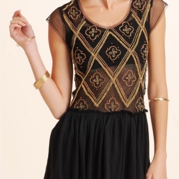 Free People Tops - Free People black tulle mesh beaded tunic size small
